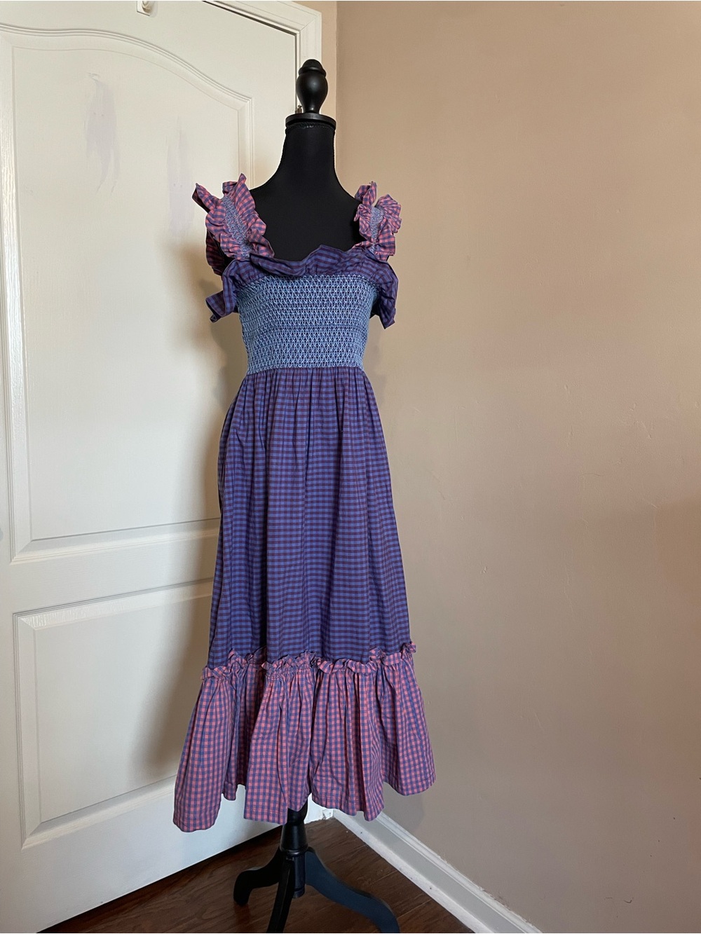 Lindsey Thornburg Queenie Smocked Gingham Midi Dress Handmade NYC Cotton Small - Picture 2 of 10